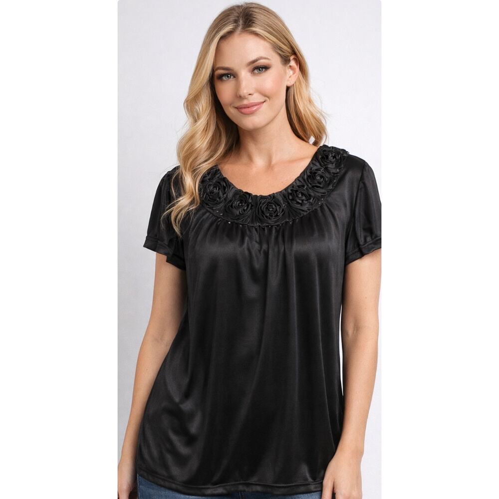 Lati Fashion Black Satin Rosette Neck Blouse Romantic Whimsigoth Top S Going Out